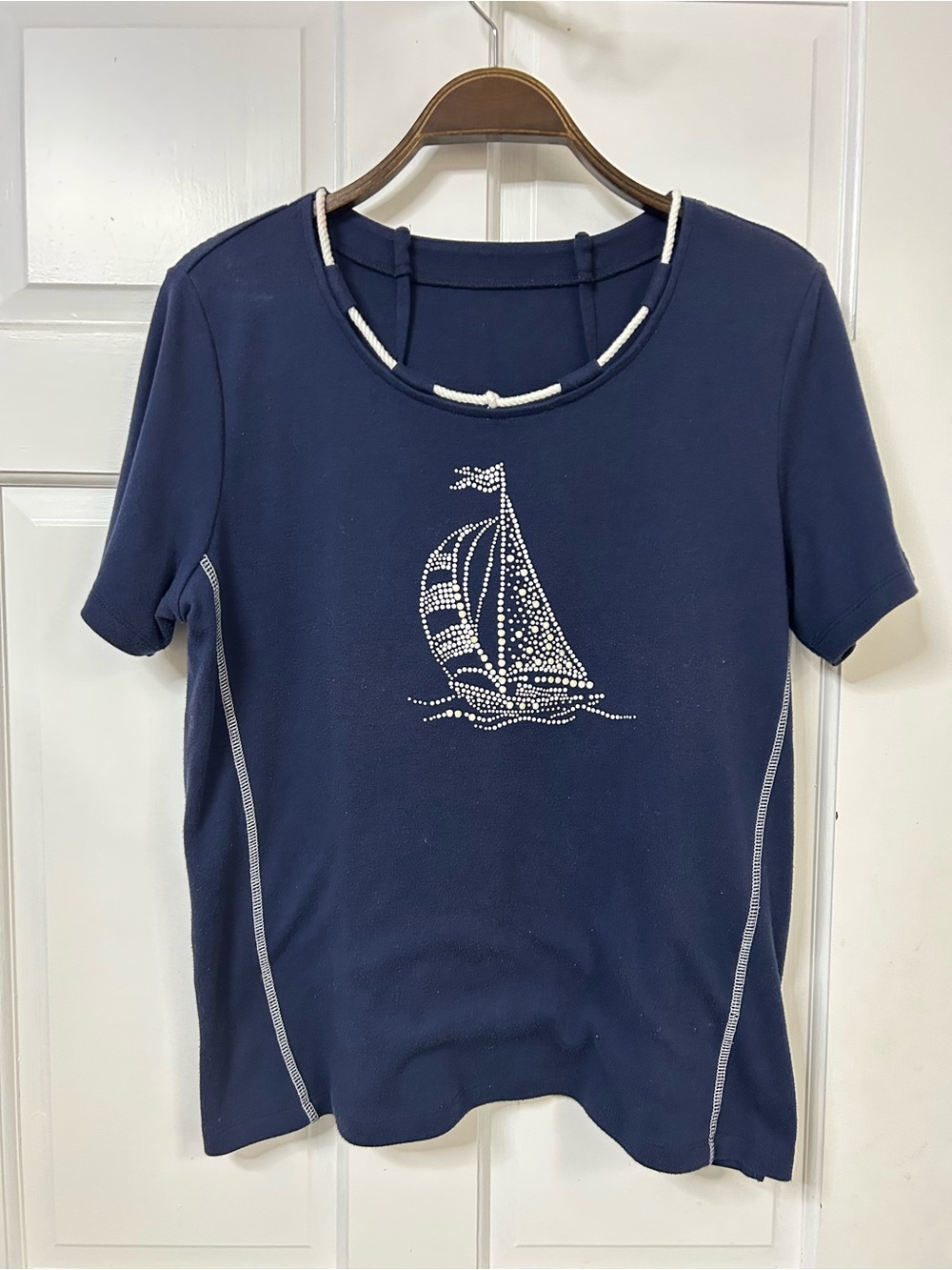 Vintage Navy Short-Sleeve Tee with Rhinestone Sailboat - Women's